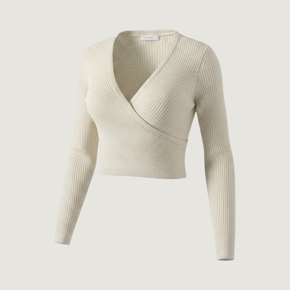 Rachel Zoe Cream Ribbed Metallic Wrap Cropped Sweater XL Long Sleeve V-Neck